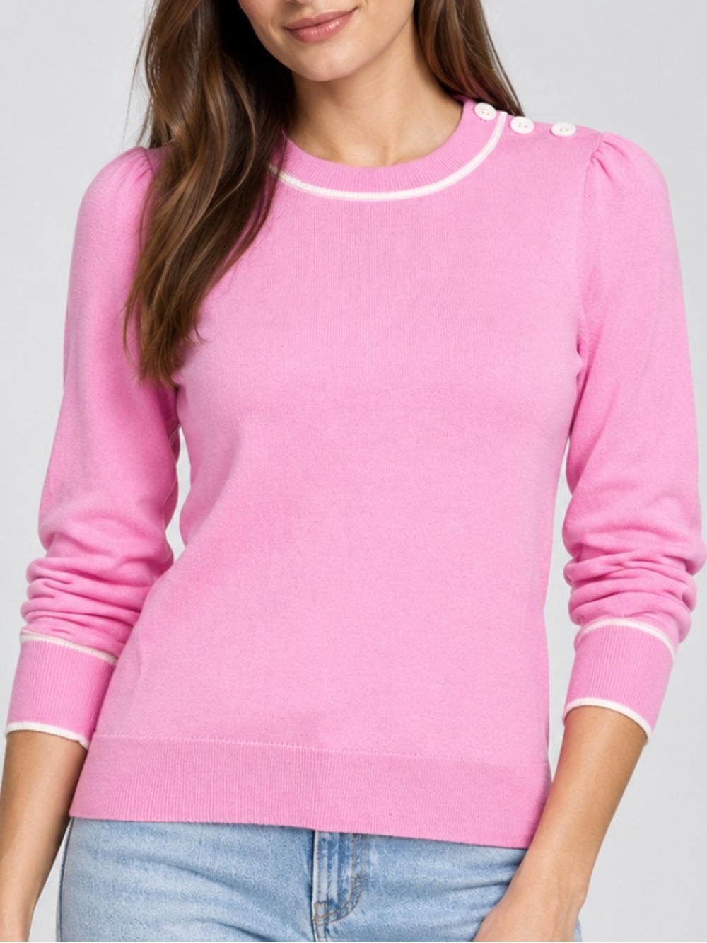 NWT Hannah Rose Courtney Button Shoulder Cashmer Blend Sweater in Pink